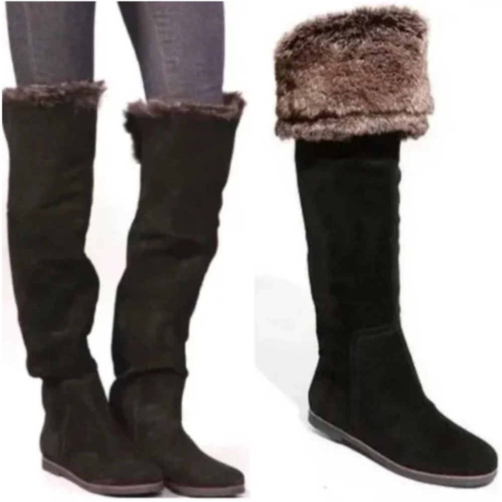 Exc 8.5 Sam Edelman Boots Black Suede Orlando Faux Fur Cuff Over the Knee $380
